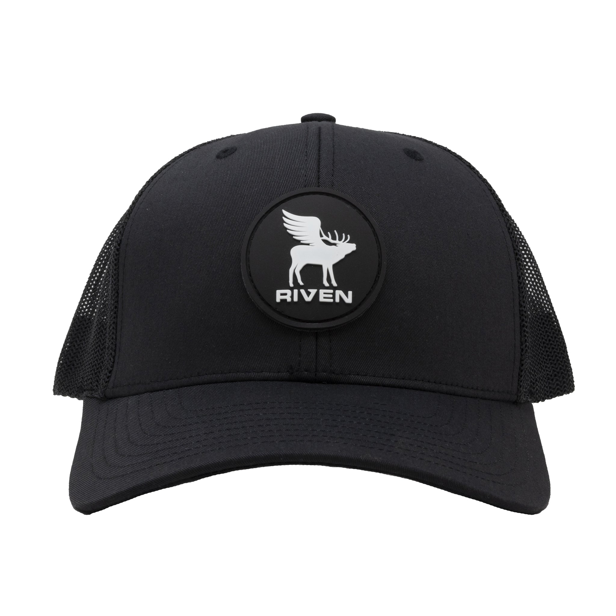 The Riven Flying Elk Hat is a black mesh trucker hat with a snapback closure, featuring a round black and white patch with a winged elk and the RIVEN logo on the front. One size fits most for easy, comfortable wear.