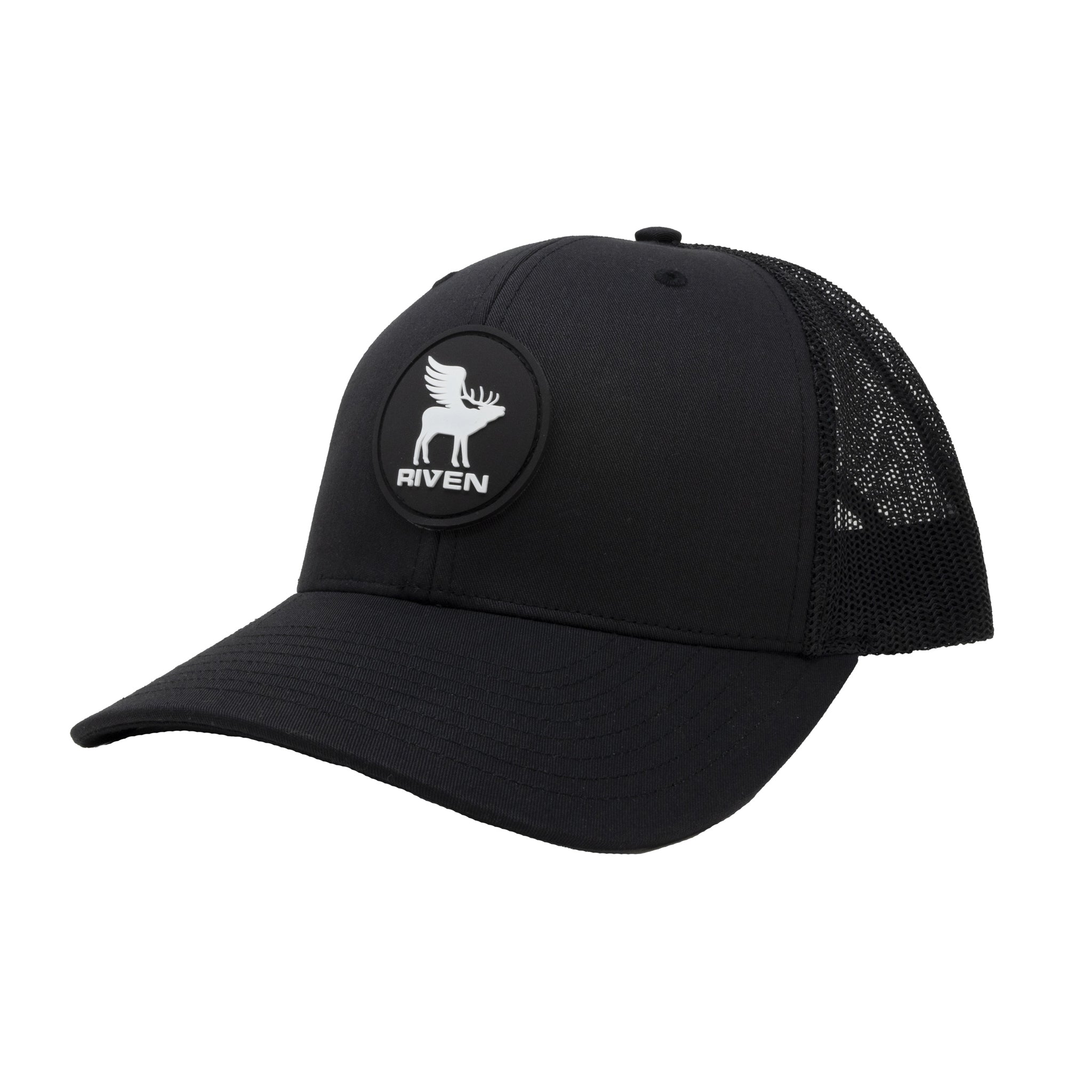 The Riven Flying Elk Hat is a black mesh trucker cap with a rounded bill, snapback closure, and a front circular patch showing a white elk silhouette above the word "RIVEN." One size fits most.