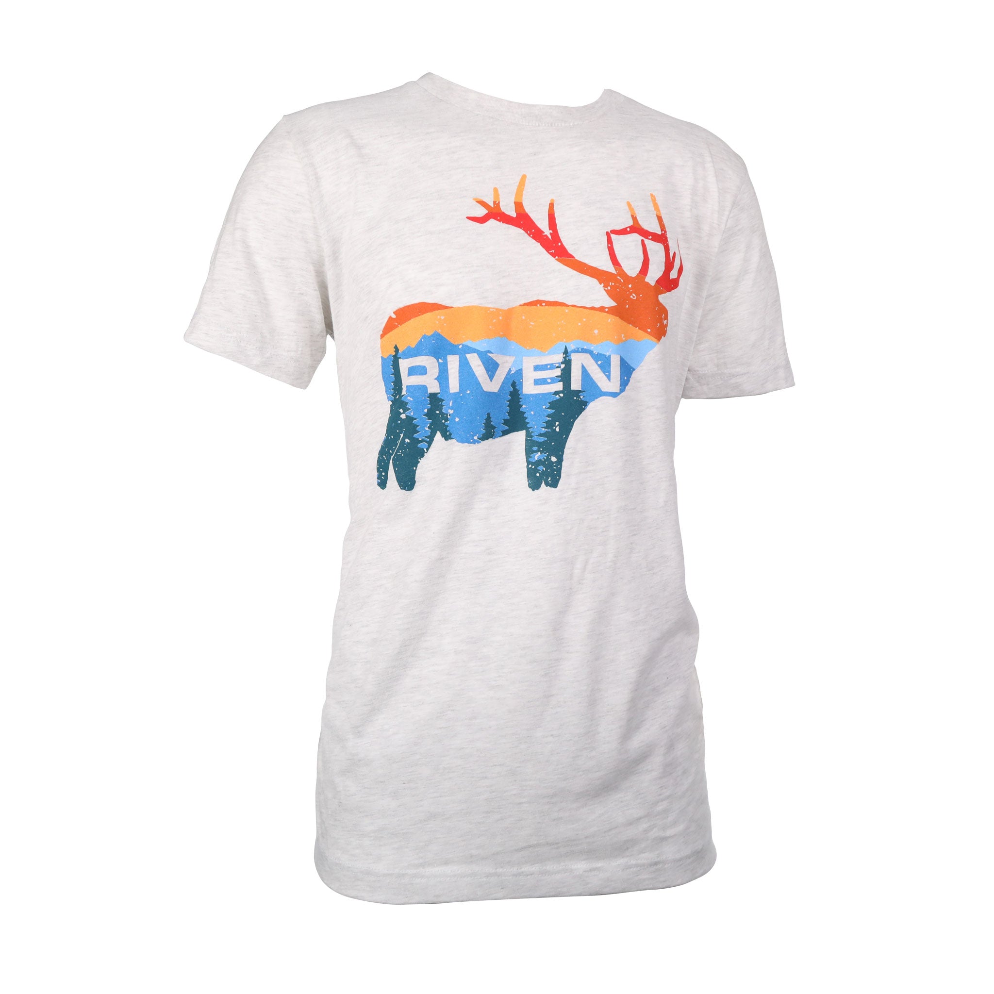 The Riven Crown Point Elk Tee by Riven is a light gray t-shirt with a stylized elk graphic featuring orange antlers and "RIVEN" printed in blue across its body.