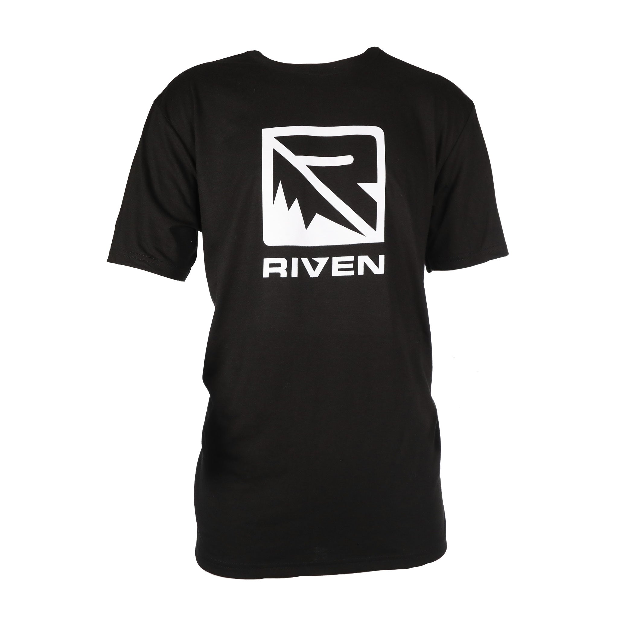 The Riven Classic Logo Tee is a black T-shirt from Riven, featuring a bold white geometric logo on the front and "RIVEN" printed on the back.