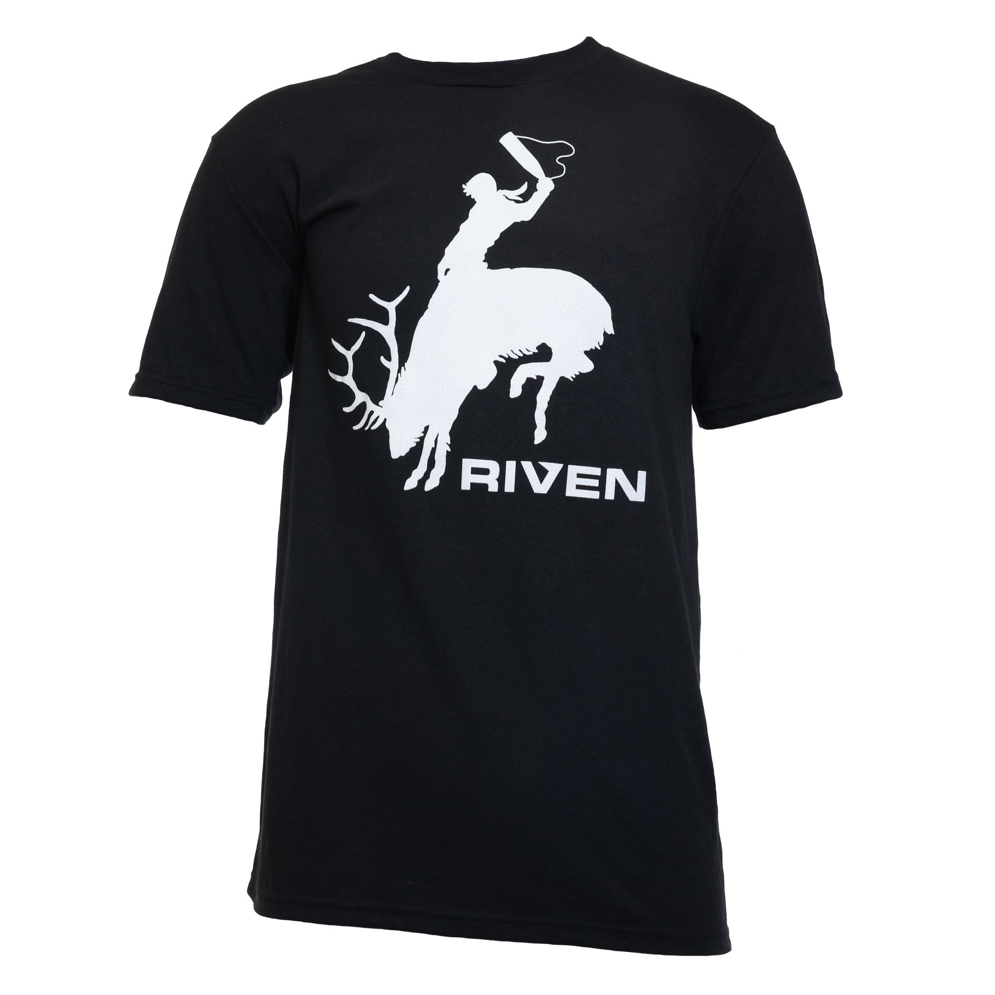 The Bucking Elk Logo Tee by Riven is a black t-shirt with a white graphic of a person riding an elk and holding up a hat, plus "RIVEN" printed below.
