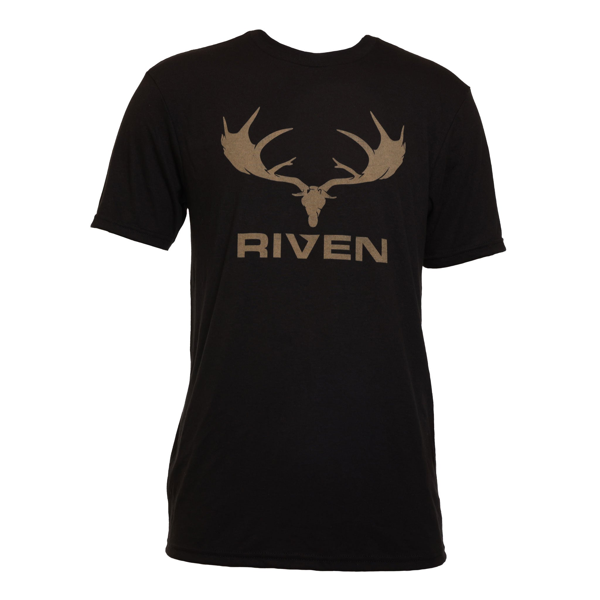 The Riven Irish Elk Logo Tee is a black t-shirt with a tan graphic of a deer skull with large antlers above the bold, uppercase word "RIVEN.