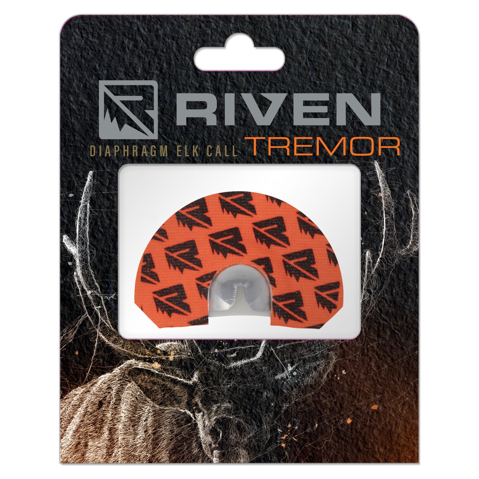 The Riven Tremor elk call, packaged with a red and black logo, is designed for realistic cow elk sounds and shown against a backdrop featuring a subtle elk illustration.