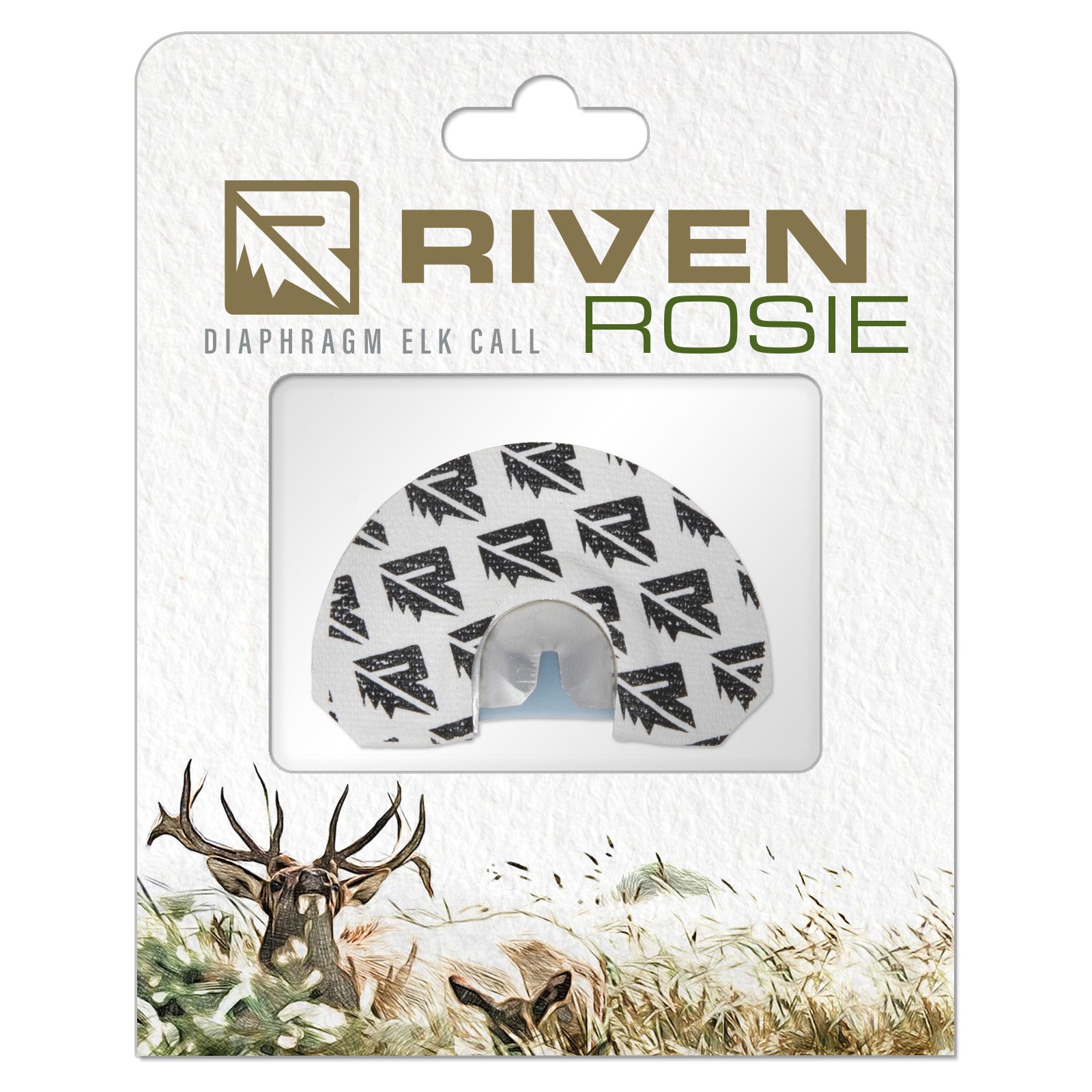 The Riven Rosie cow elk call diaphragm features a white and black logo pattern. The packaging displays the Riven brand, an elk-in-grass illustration, and is designed to produce realistic elk sounds.