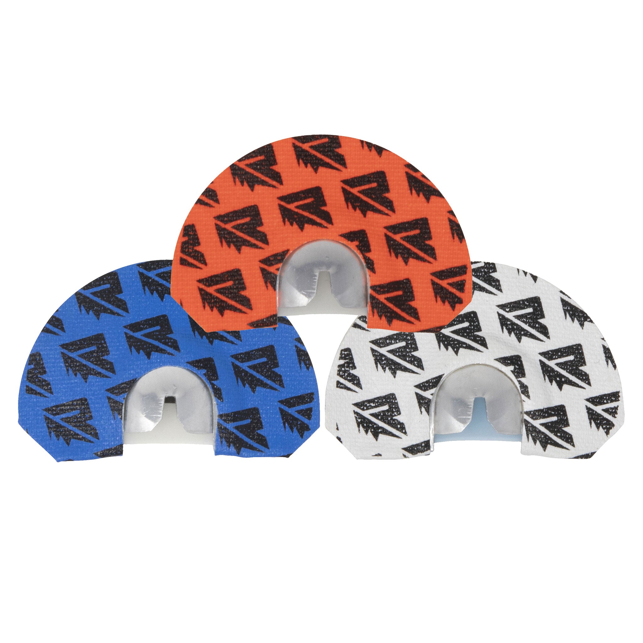 The Riven Rebel Series Bundle features three overlapping diaphragm turkey calls in blue, orange, and white with a black arrow logo—an ideal companion to your favorite elk calls for versatile hunting.