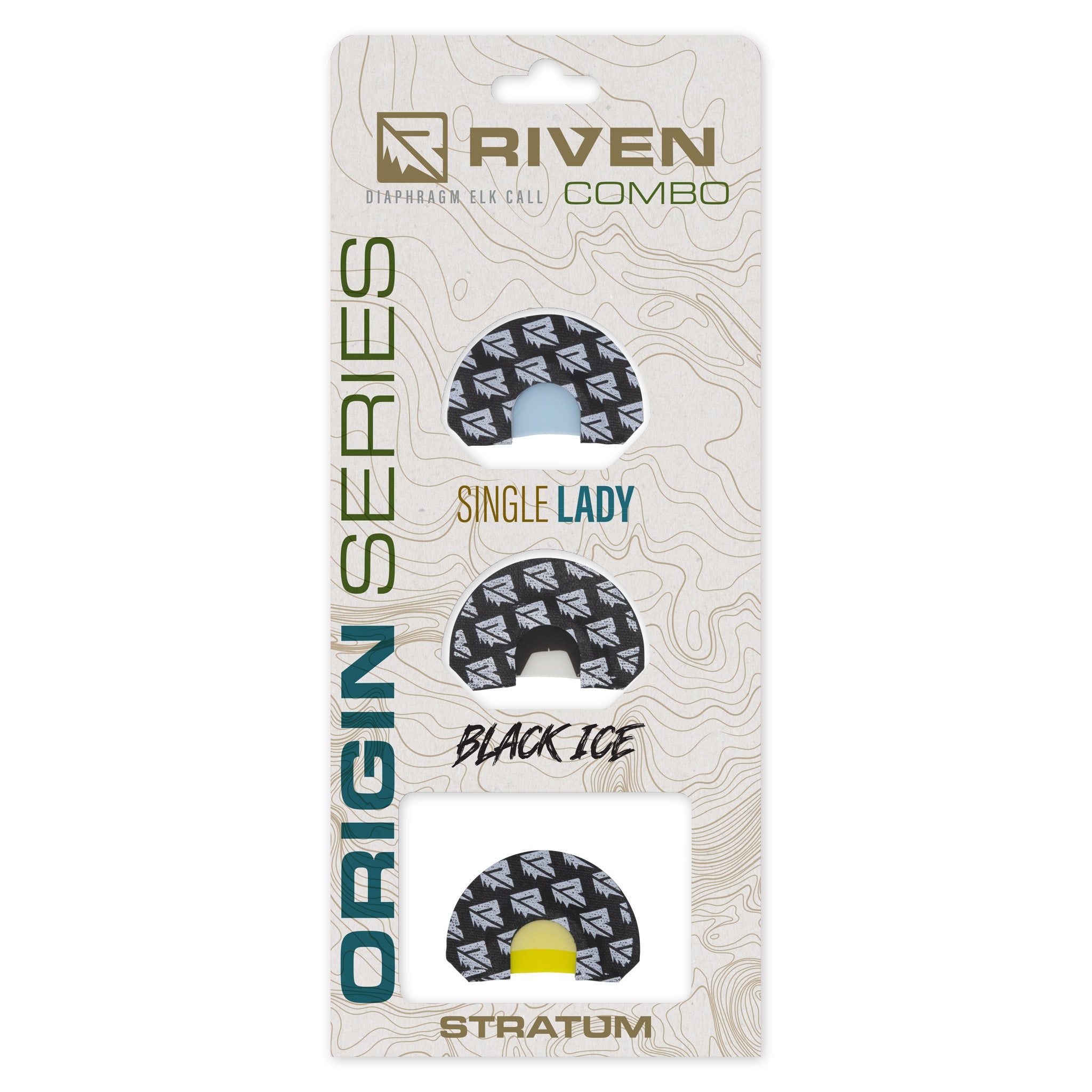 The Riven Origin Series package contains three unique elk mouth calls—Single Lady, Black Ice, and Stratum—for authentic cow elk sounds, shown vertically on a white and beige background.