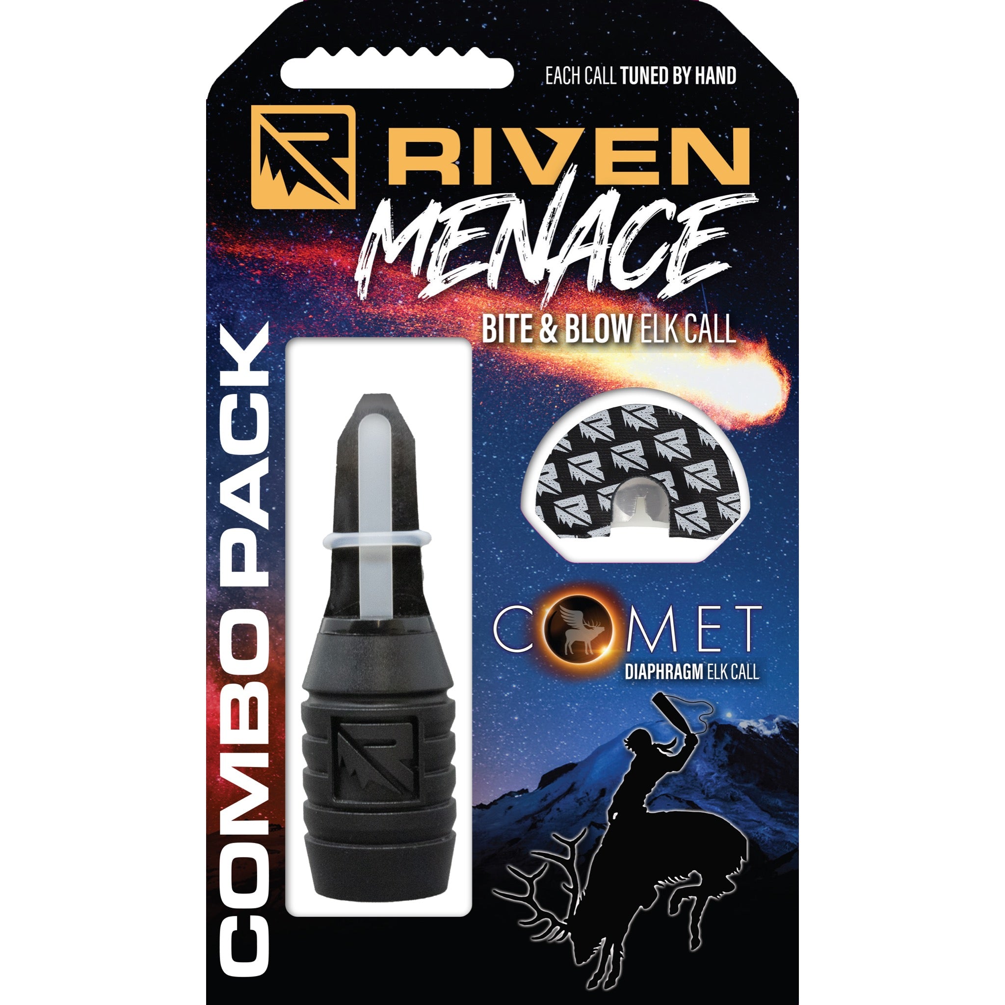 Packaging for Riven Menace/Comet Combo Kit, featuring a black mouthpiece, Comet diaphragm elk call, mountain elk illustration, and text highlighting tuning, hand-crafting, and advanced elk hunting calls.