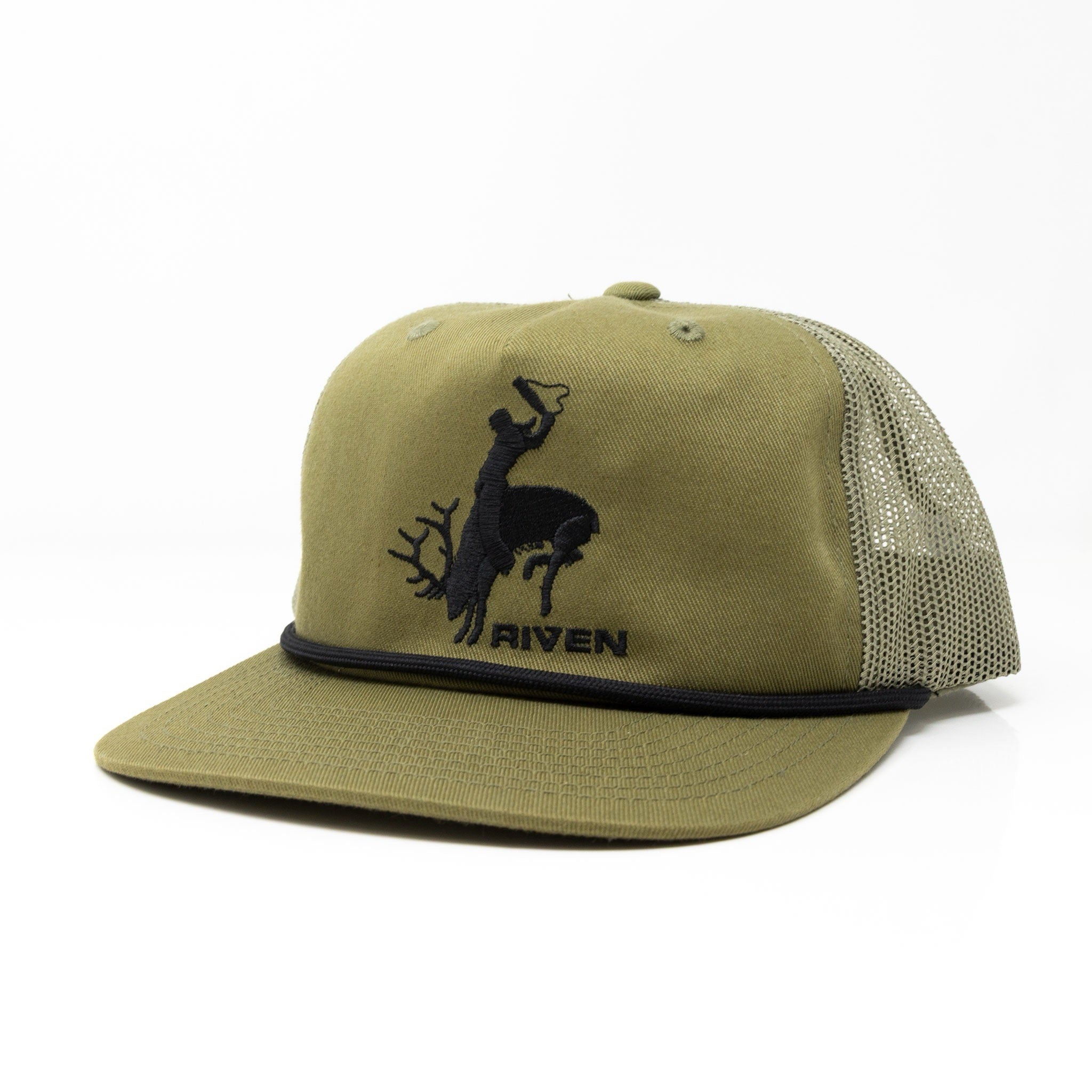 The Riven Bucking Elk Rope Hat is an olive green mesh trucker hat with a black cord above the brim, an adjustable snapback, and a black embroidered design of a person riding a deer with the word "RIVEN" below. One size fits most.