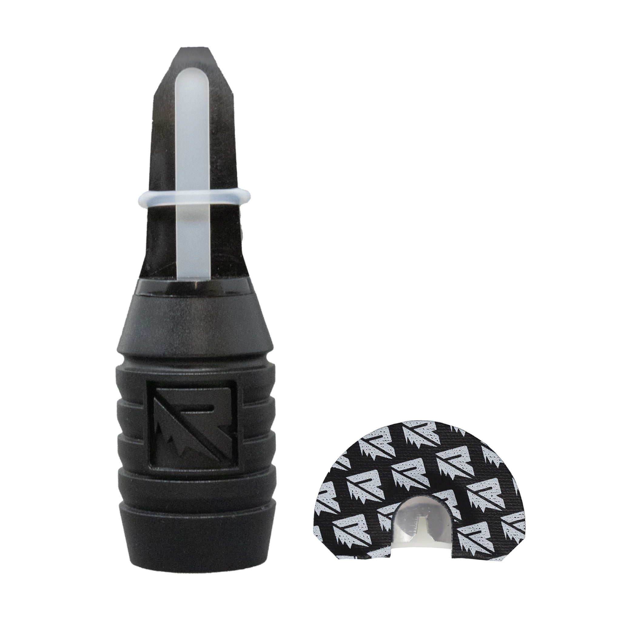 The Riven Menace/Comet Combo Kit features a black and gray arrow-shaped mouth call tool with a ridged grip and a semi-circular diaphragm elk call wrapped in black with white logos—essential for any elk call system.