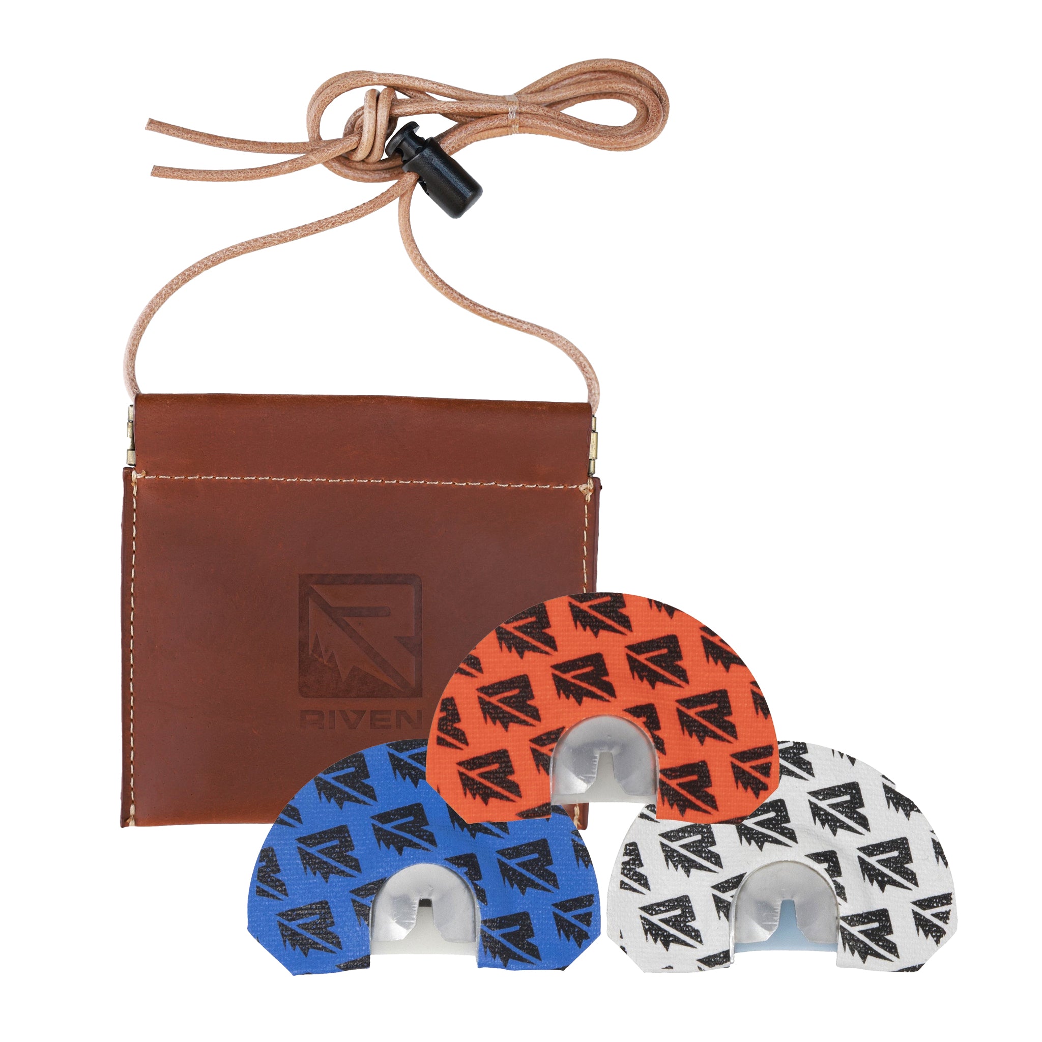 The Riven Rebel Series Bundle features three colorful diaphragm turkey calls in blue, orange, and white, with a brown leather drawstring pouch—ideal for hunters seeking quality elk and turkey calls.